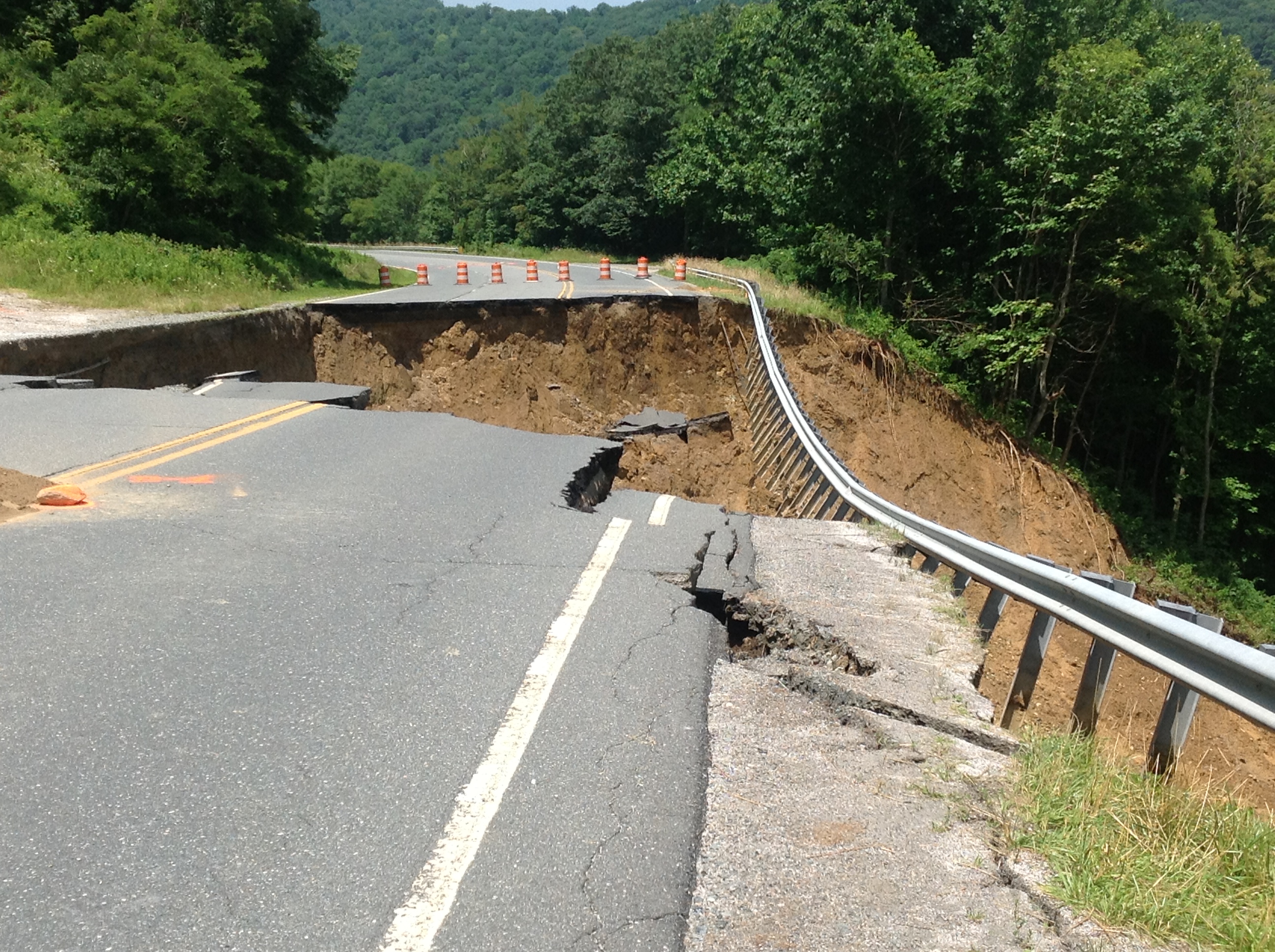 A debris flow in western North Carolina showing the path of the rapidly flowing mixture of soil, rock particles, and water across a landscape