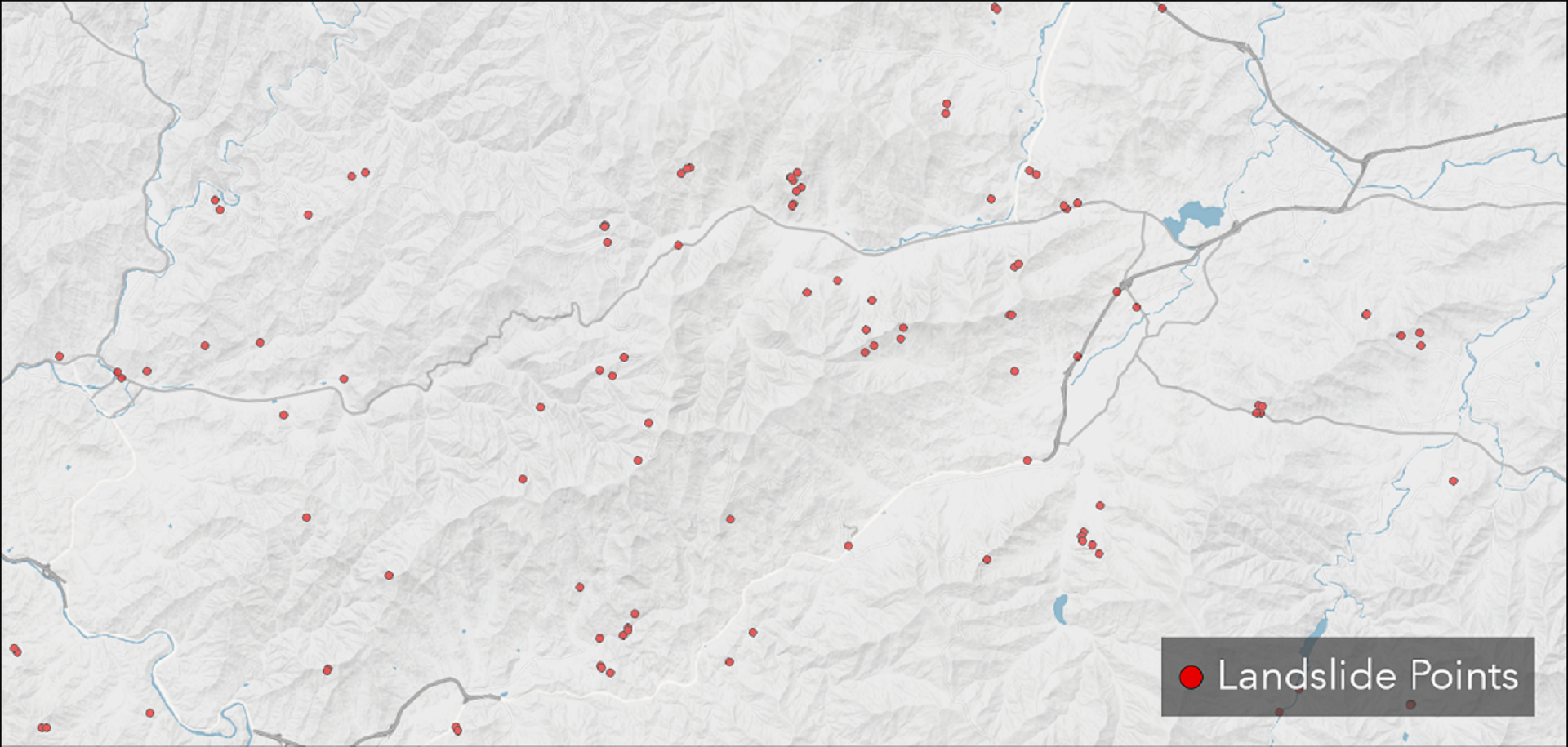 Static map of western North Carolina counties showing landslide point locations as small colored dots indicating the initiation source areas of slope movements documented by the NC Geological Survey